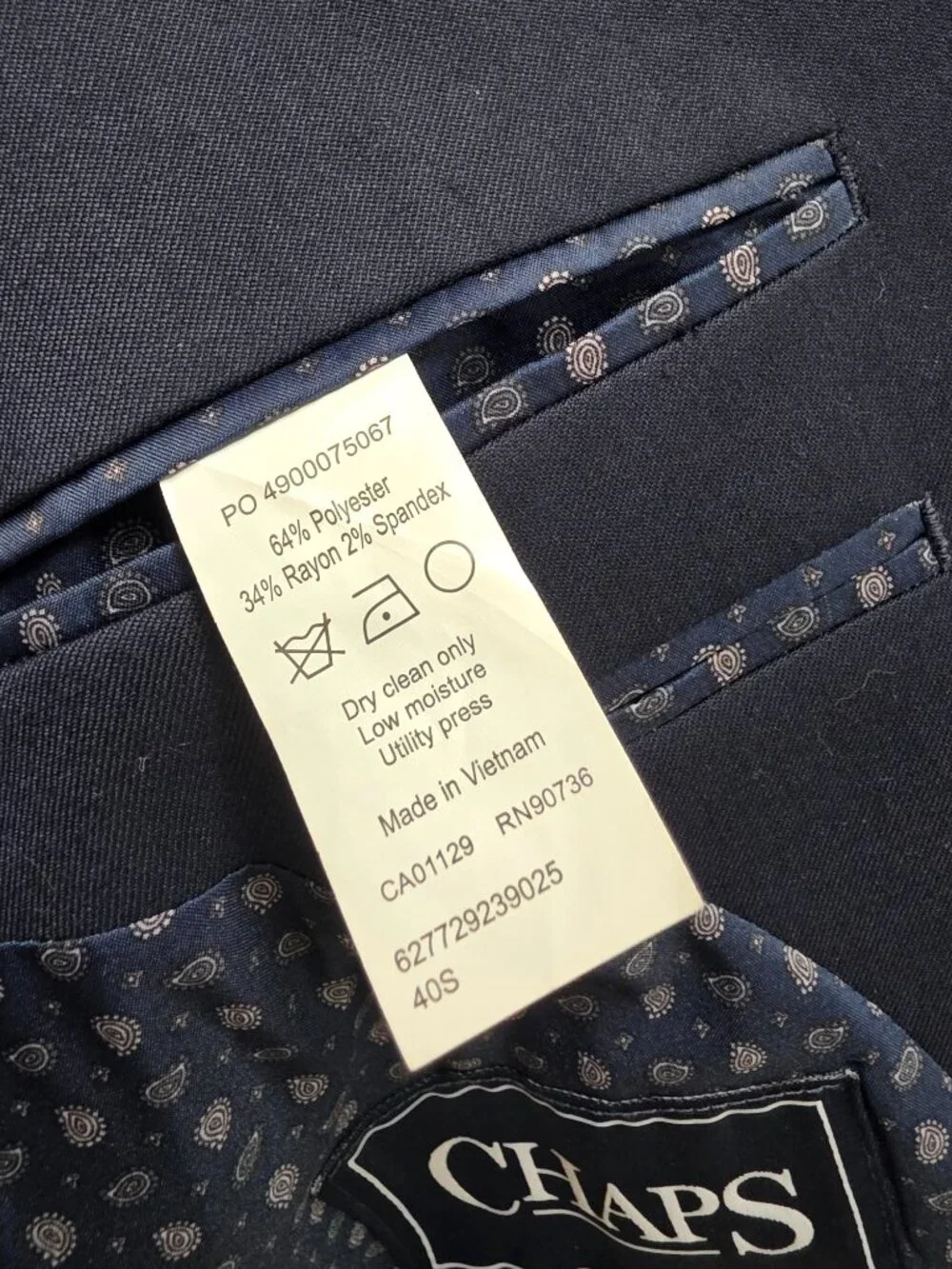 Chaps 40S Navy Blazer Sport Coat Jacket 2-Button Solid W888